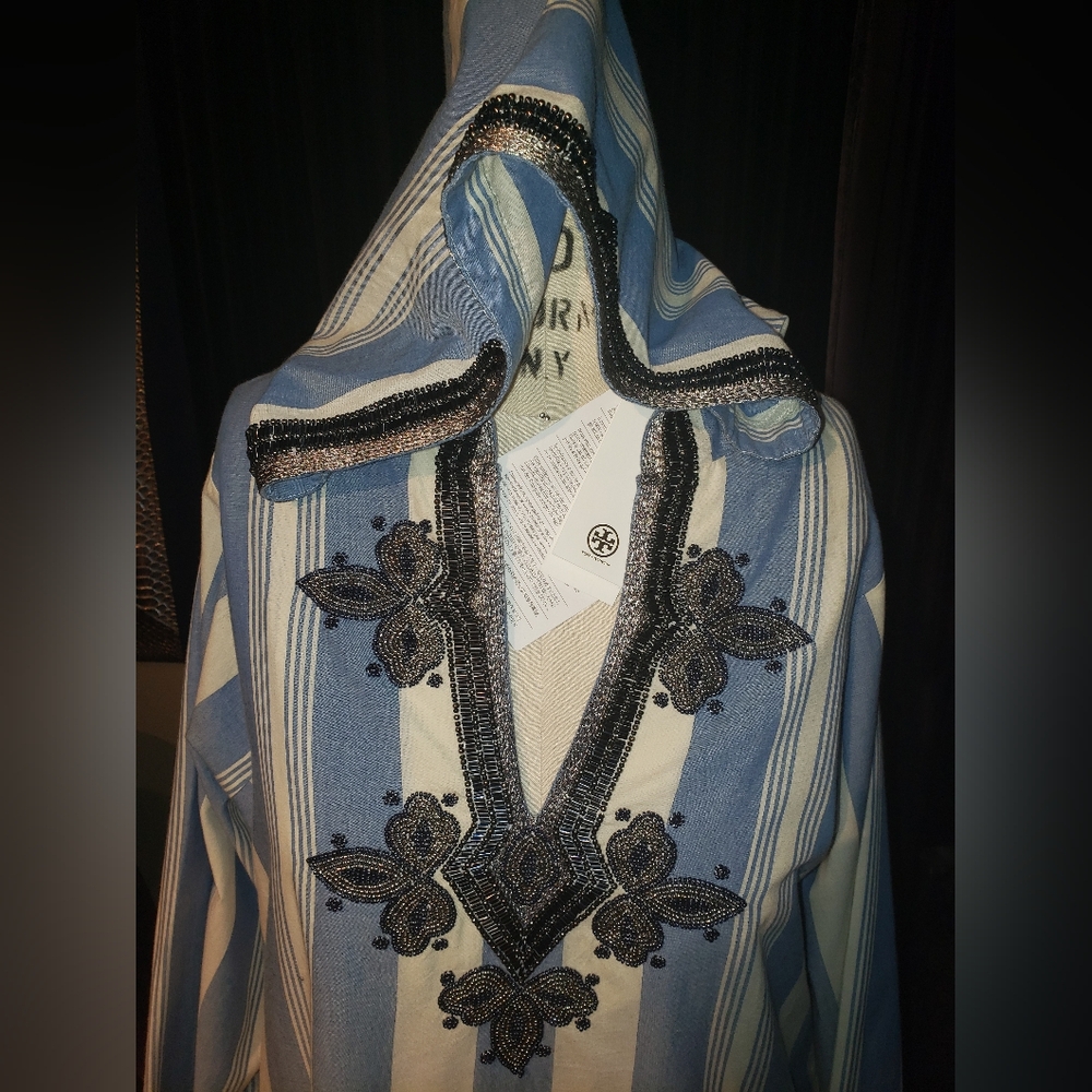 NWT. Tory Burch pinstripe blue white Striped Hood Kaftan sequins embroid   dress - Picture 3 of 16